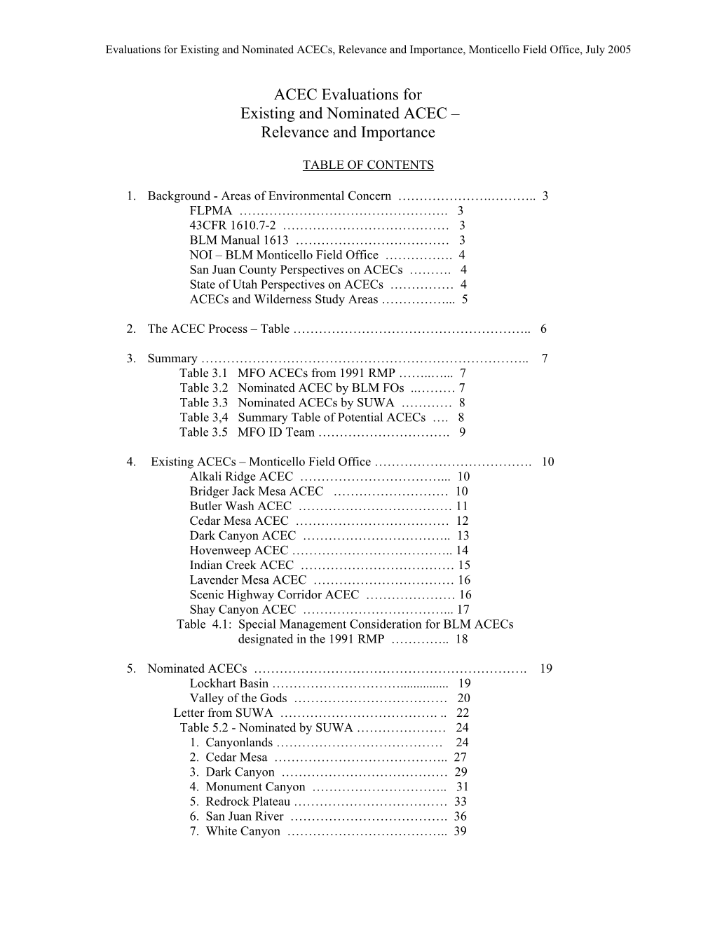 ACEC Evaluations for Existing and Nominated ACEC – Relevance and Importance