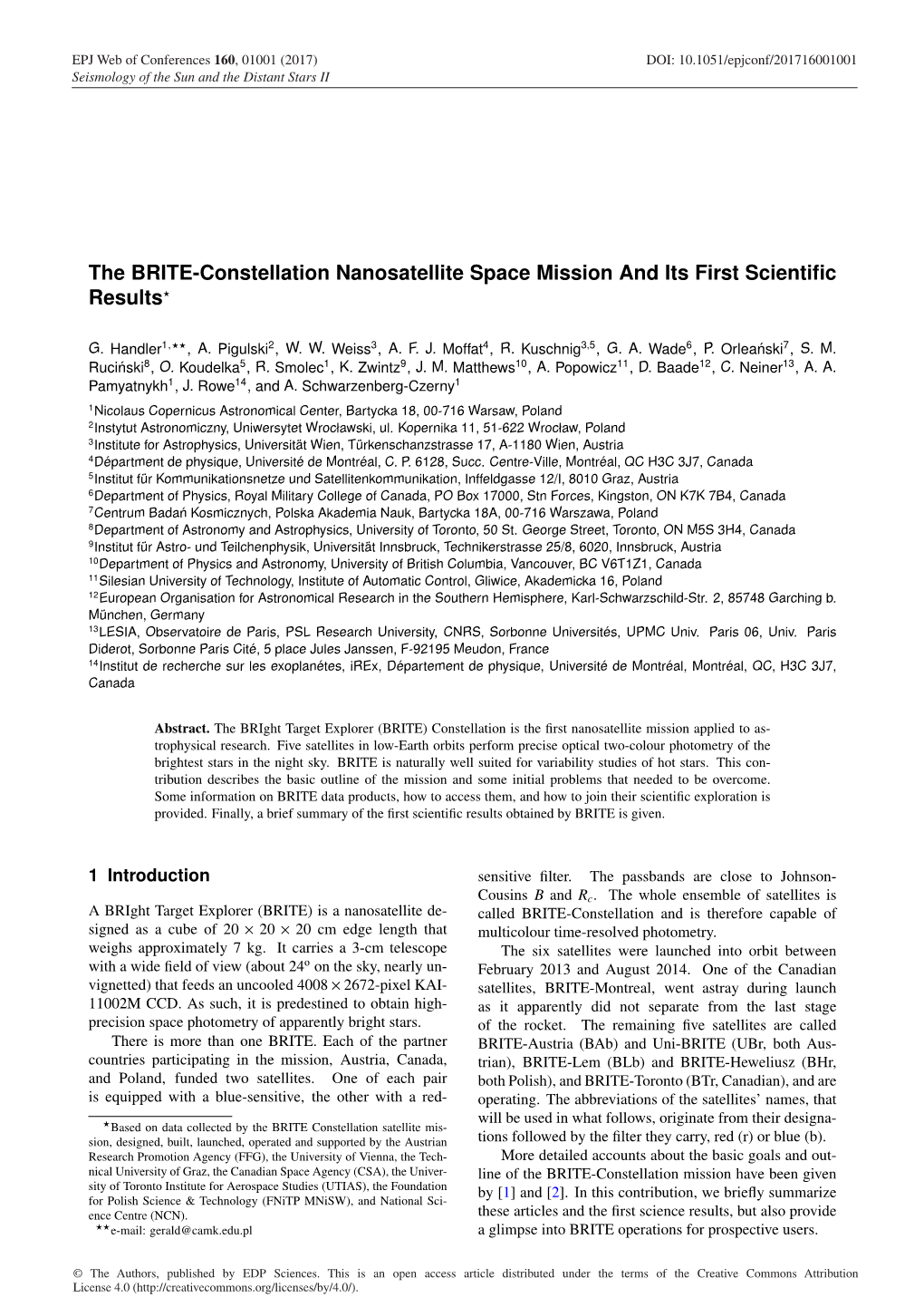 The BRITE-Constellation Nanosatellite Space Mission and Its First Scientific Results