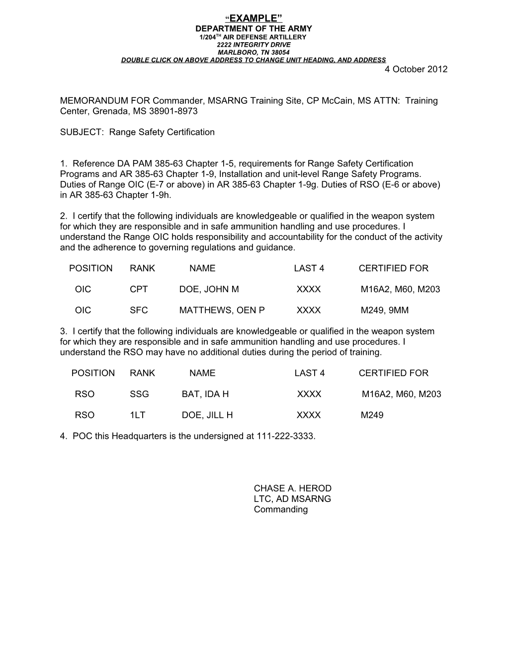 OIC/RSO Certification Letter