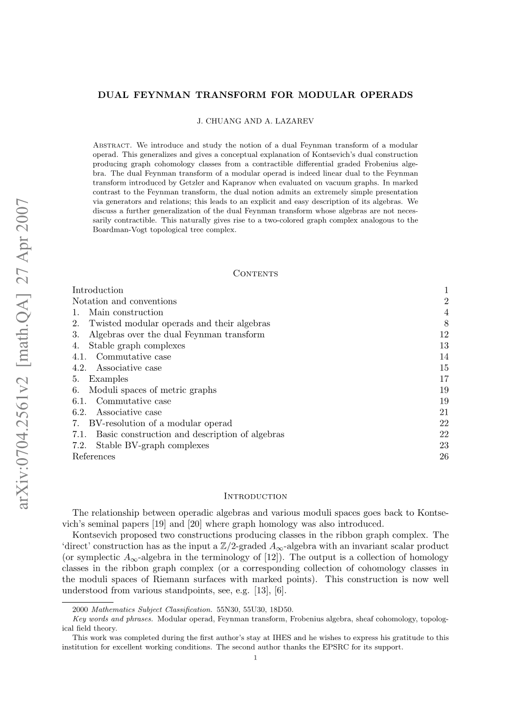 Arxiv:0704.2561V2 [Math.QA] 27 Apr 2007 Nttto O Xeln Okn Odtos H Eoda Second the Conditions