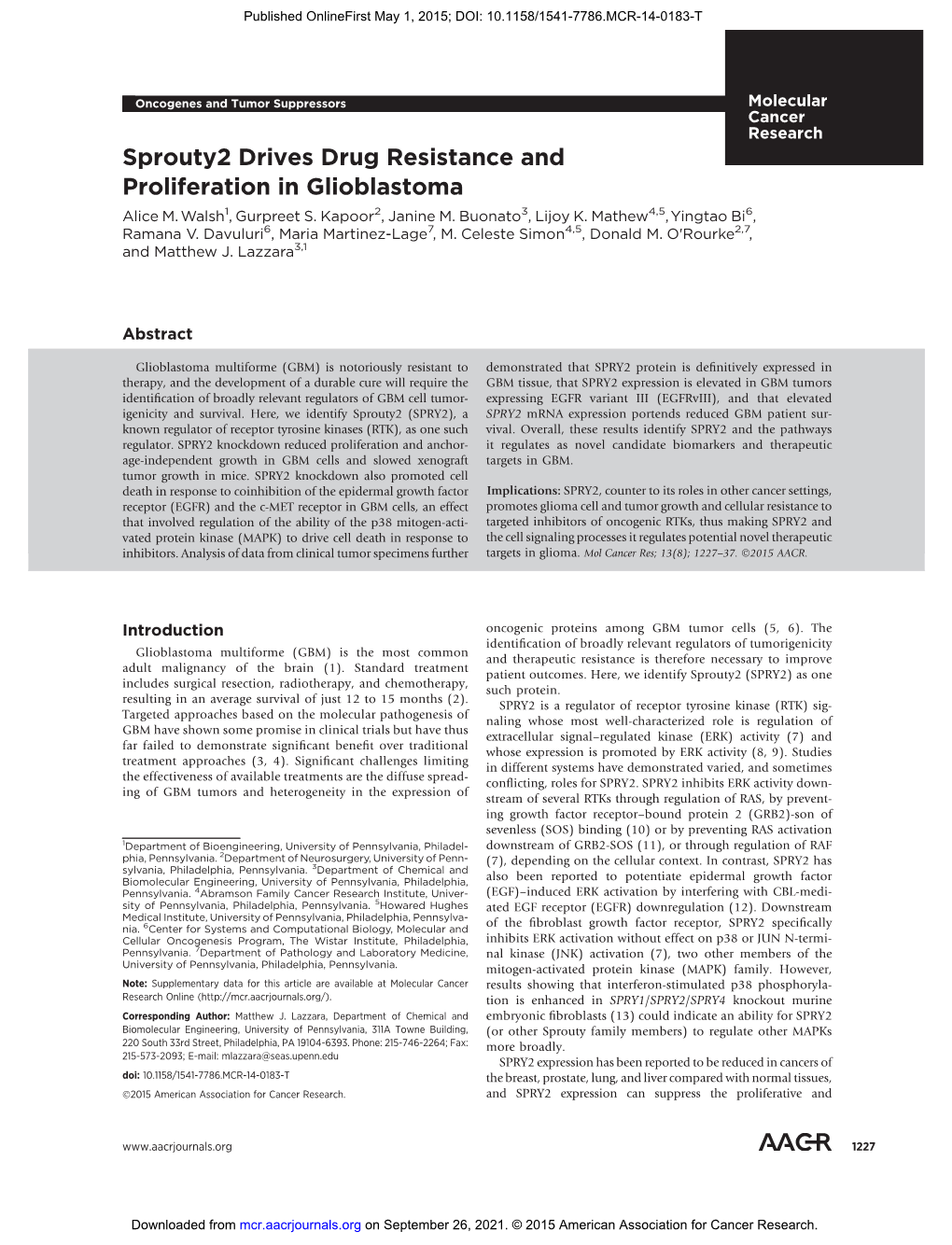 Sprouty2 Drives Drug Resistance and Proliferation in Glioblastoma Alice M