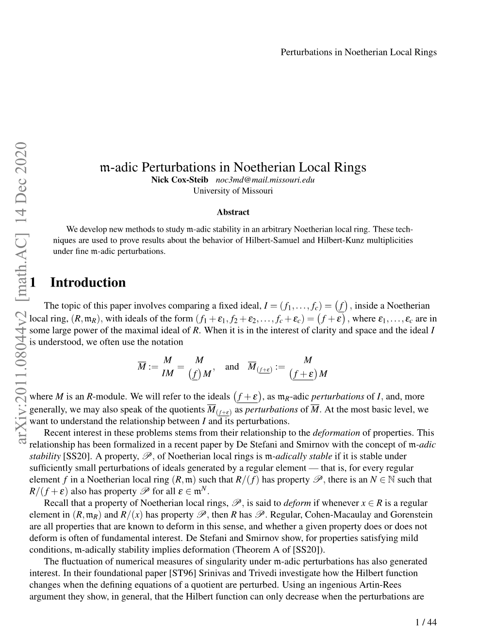 M-Adic Perturbations in Noetherian Local Rings