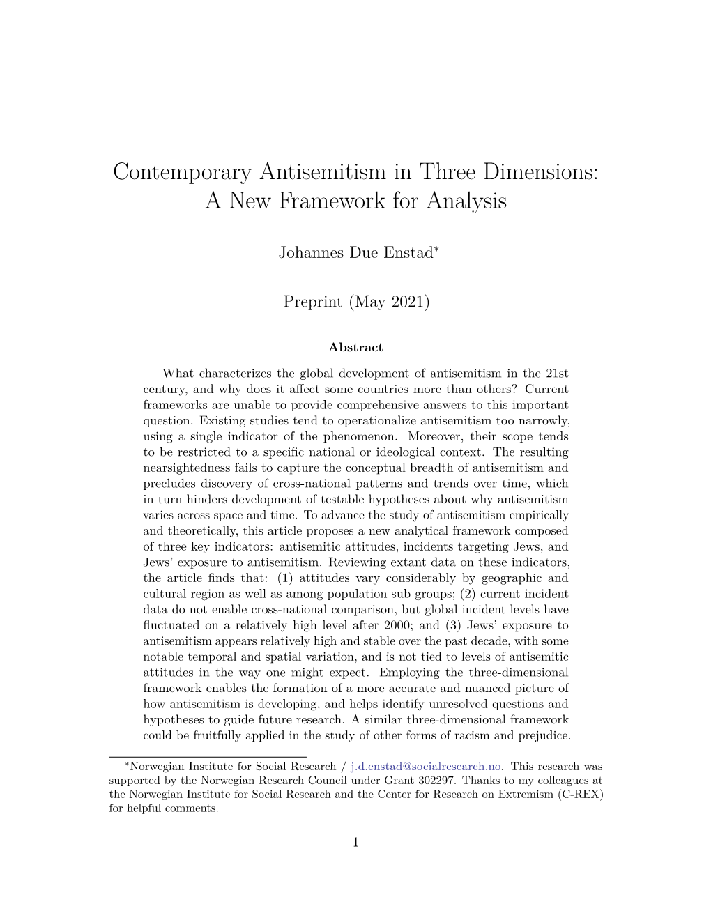 Contemporary Antisemitism in Three Dimensions: a New Framework for Analysis