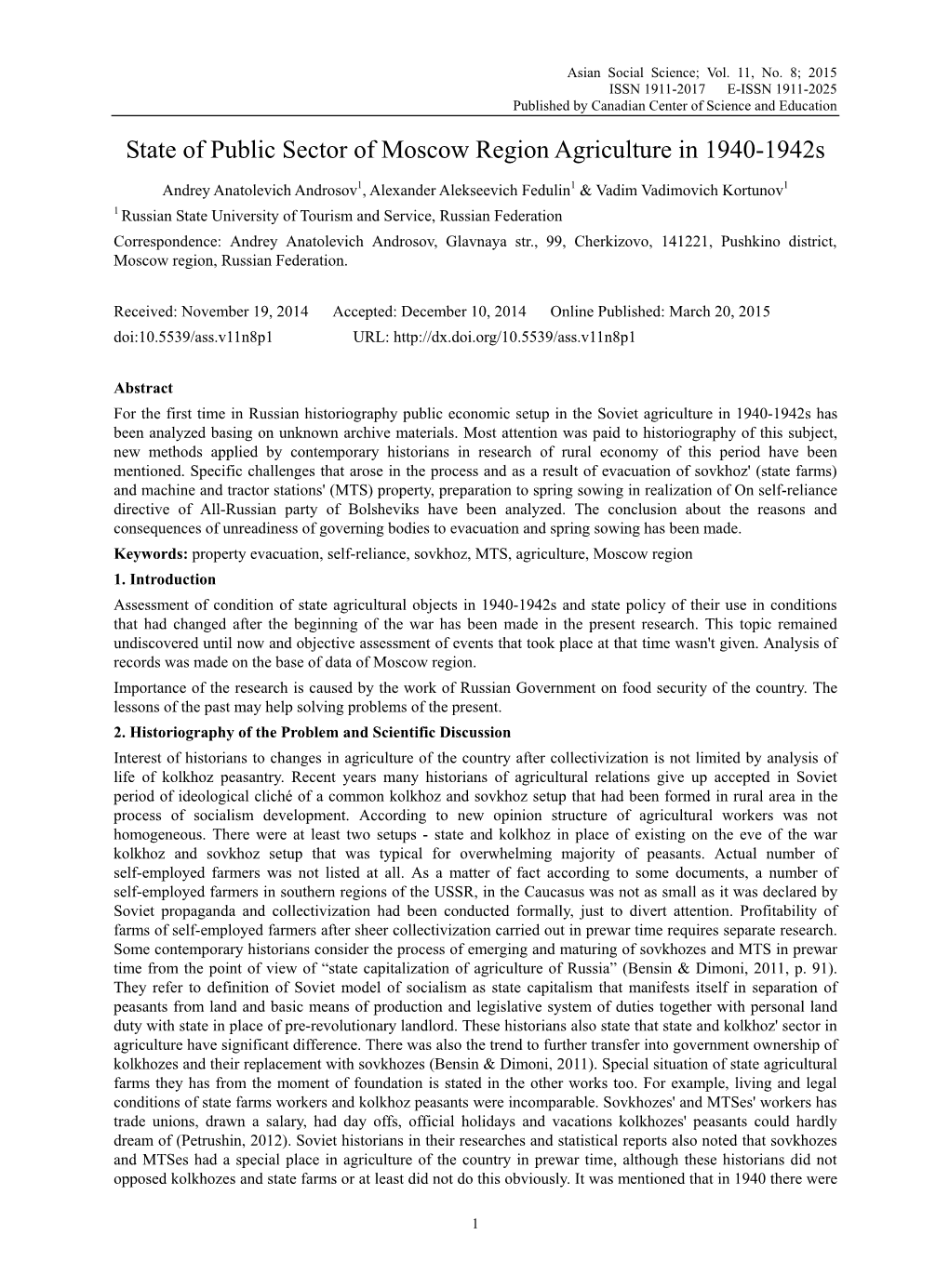 State of Public Sector of Moscow Region Agriculture in 1940-1942S