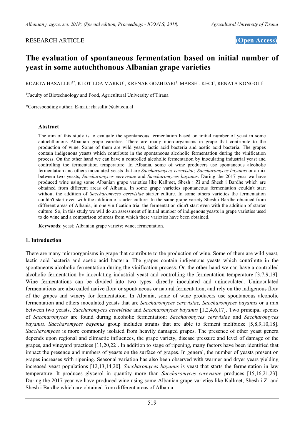 The Evaluation of Spontaneous Fermentation Based on Initial Number of Yeast in Some Autochthonous Albanian Grape Varieties