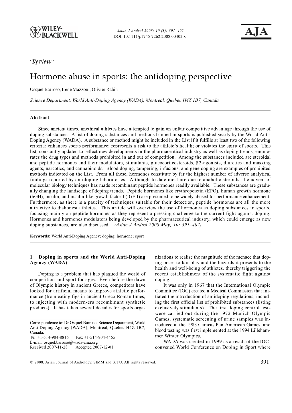 Hormone Abuse in Sports: the Antidoping Perspective