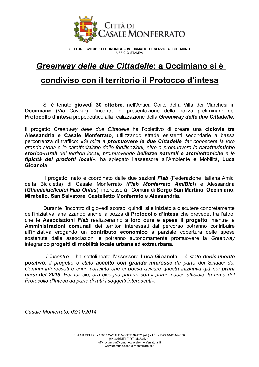 Greenway Delle Due Cittadelle: a Occimiano Si È Condiviso Con Il Territorio Il Protocco D'intesa