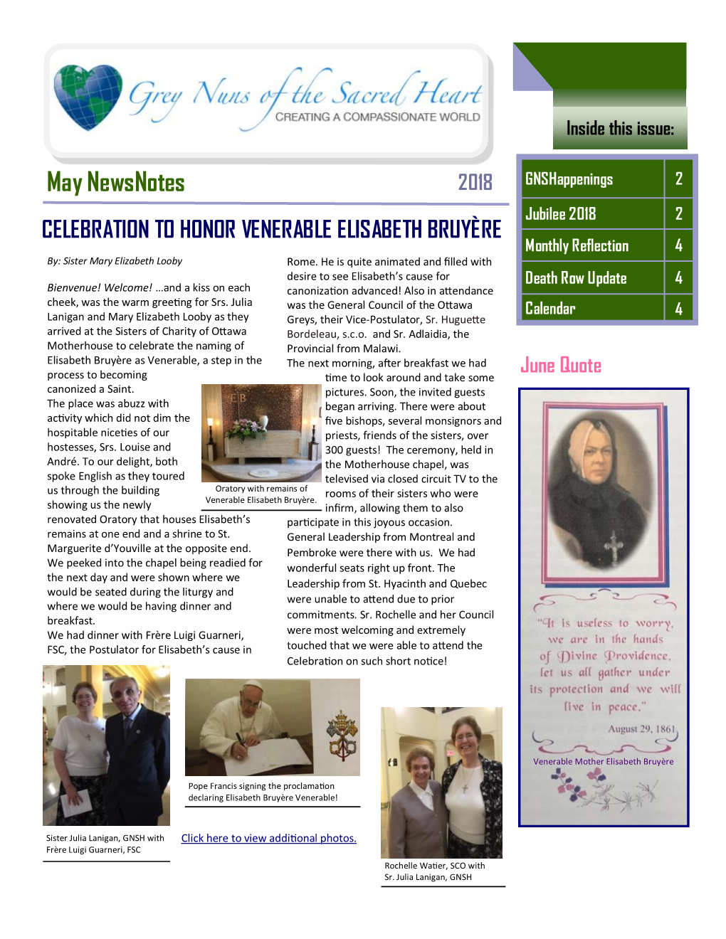 May Newsnotes 2018 Gnshappenings 2 Jubilee 2018 2 CELEBRATION to HONOR VENERABLE ELISABETH BRUYÈRE Monthly Reflection 4 By: Sister Mary Elizabeth Looby Rome