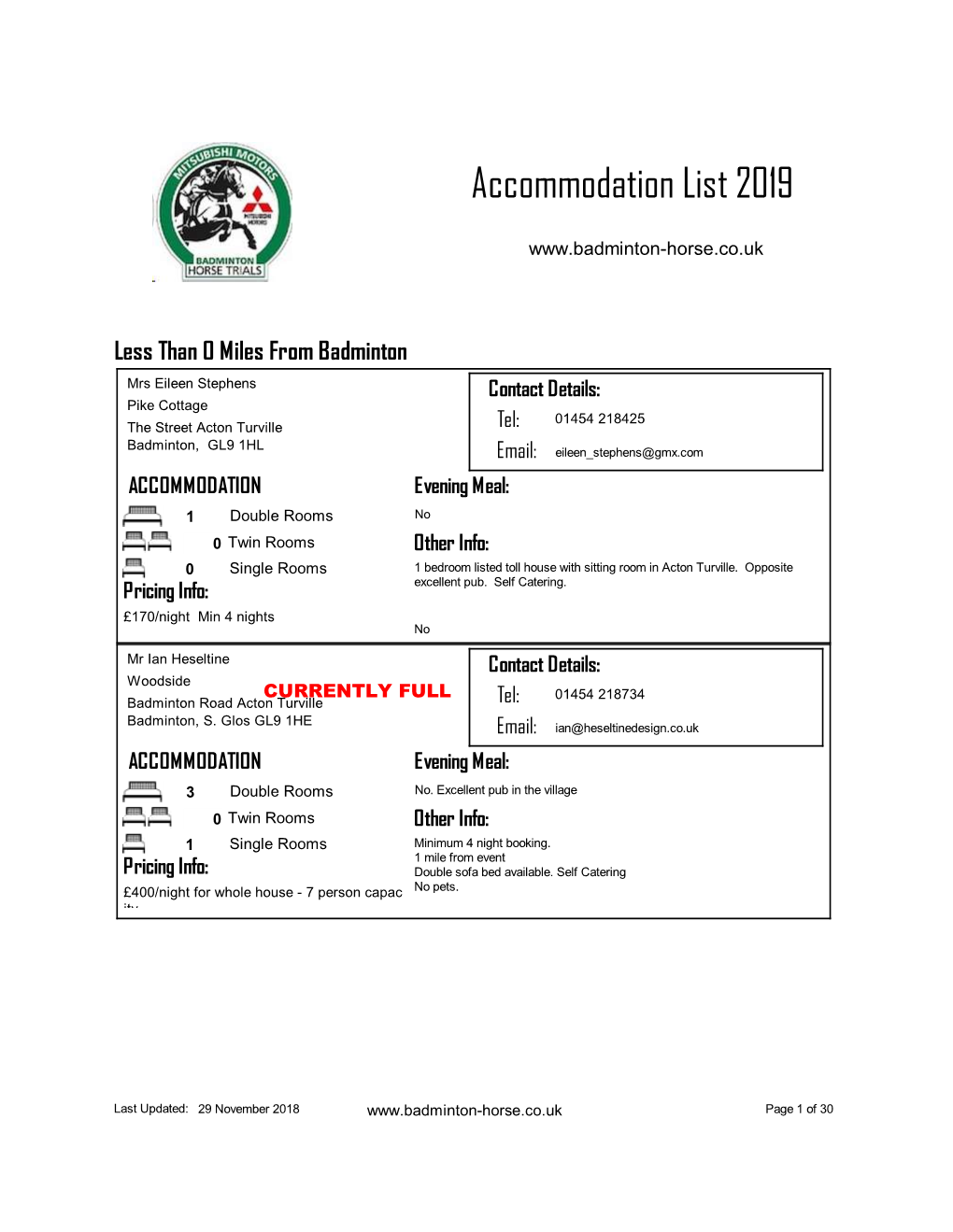 Accommodation List 2019