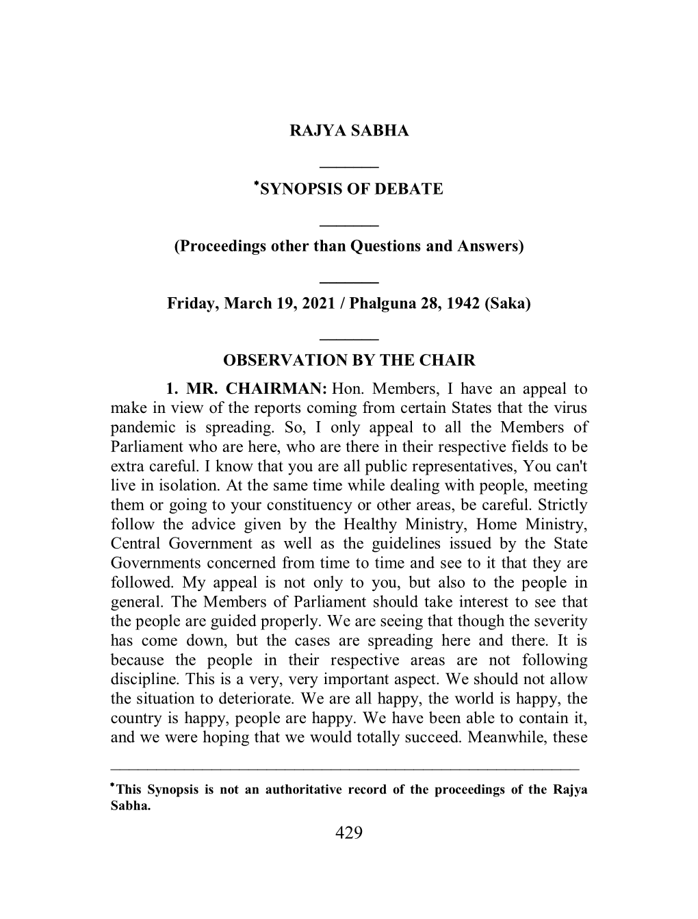 SYNOPSIS of DEBATE ______(Proceedings Other Than Questions and Answers) ______Friday, March 19, 2021 / Phalguna 28, 1942 (Saka) ______OBSERVATION by the CHAIR 1