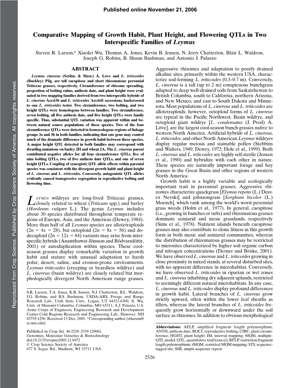 Comparative Mapping of Growth Habit, Plant Height, and Flowering Qtls in Two Interspecific Families of Leymus