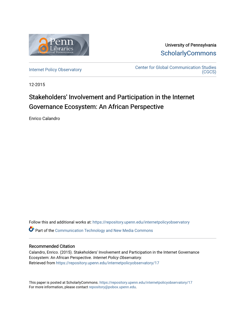 Stakeholders' Involvement and Participation in the Internet Governance Ecosystem: an African Perspective