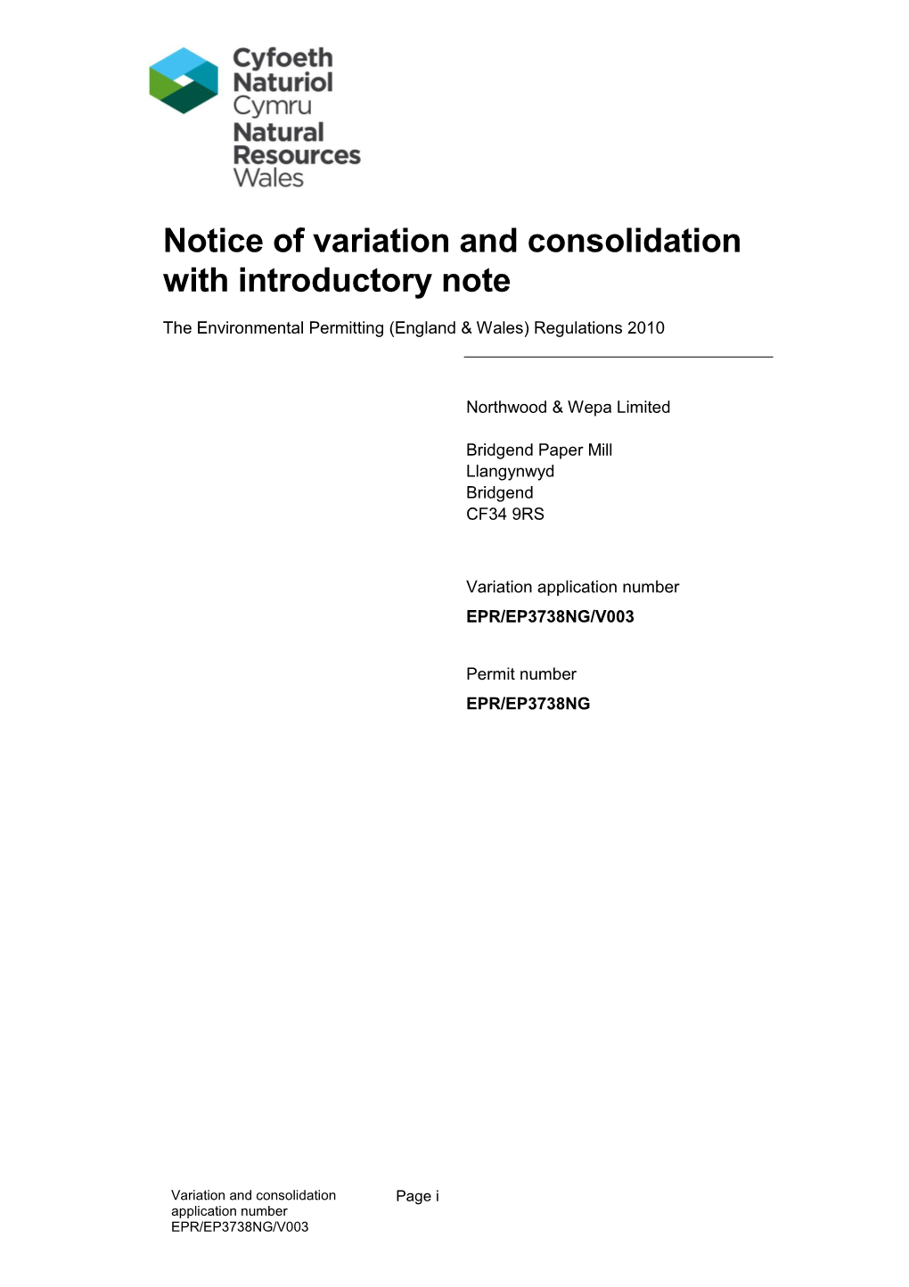 233 08 SD69 Variation Notice, Single Permit Consolidation