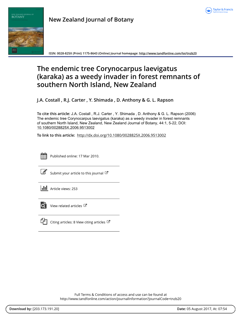 The Endemic Tree Corynocarpus Laevigatus (Karaka) As a Weedy Invader in Forest Remnants of Southern North Island, New Zealand