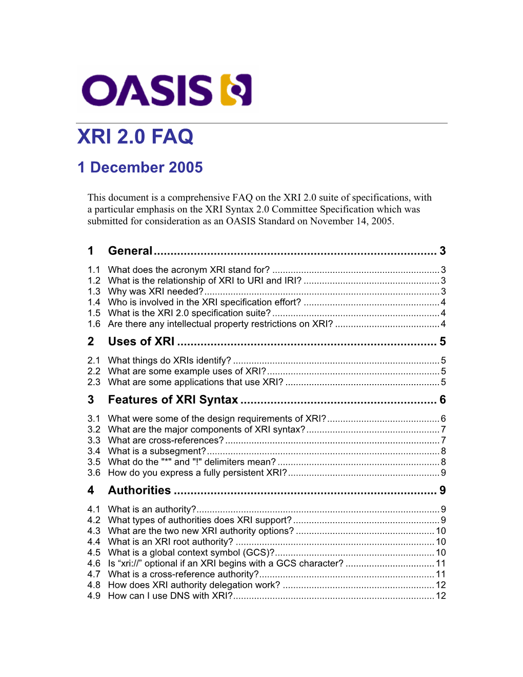 XRI 2.0 FAQ 1 December 2005