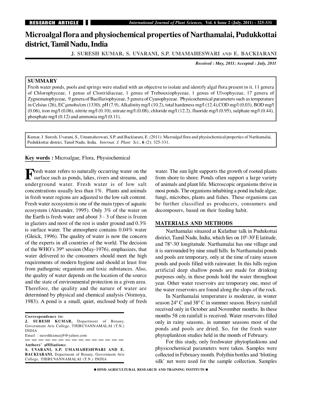 Microalgal Flora and Physiochemical Properties of Narthamalai, Pudukkottai District, Tamil Nadu, India J