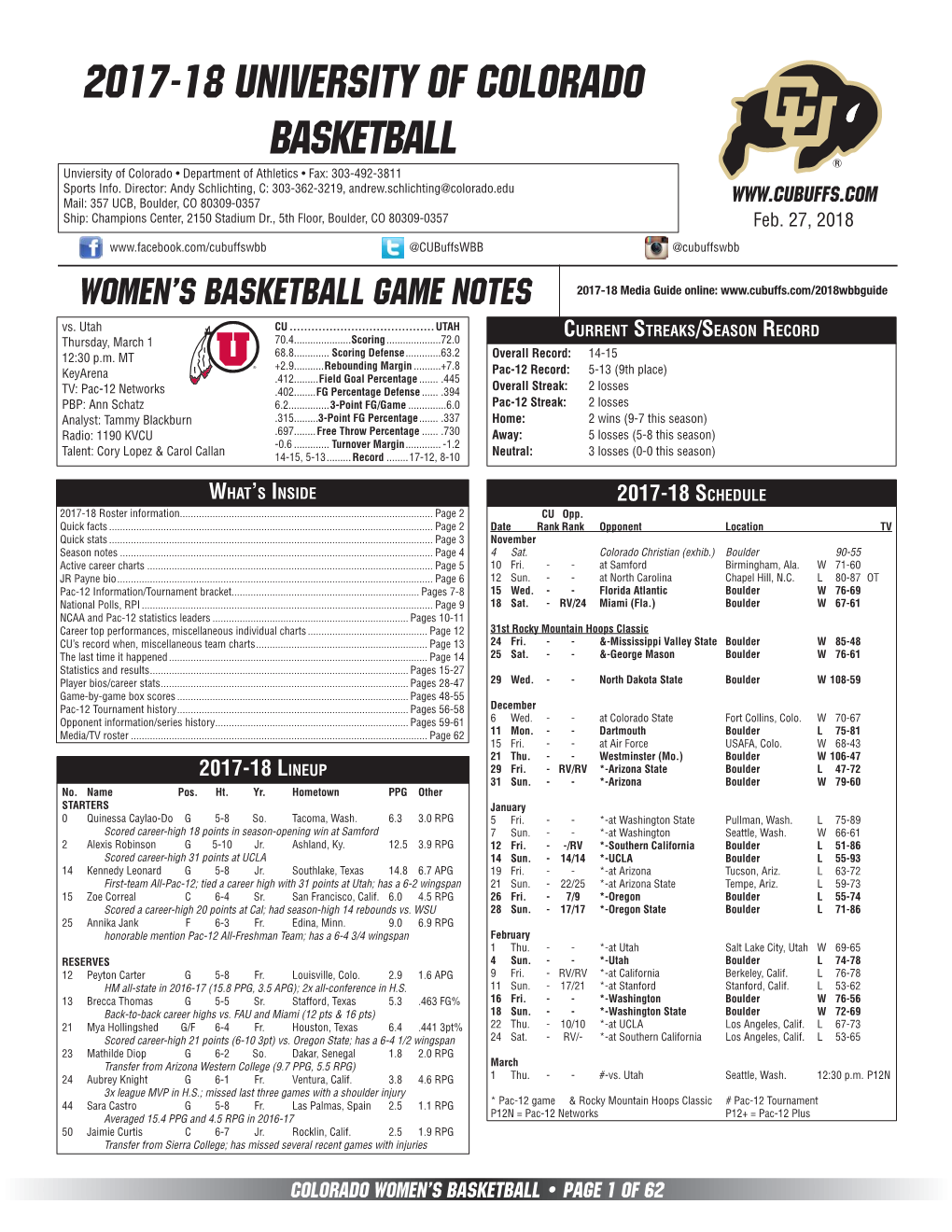 2017-18 University of Colorado Basketball Unviersity of Colorado • Department of Athletics • Fax: 303-492-3811 Sports Info