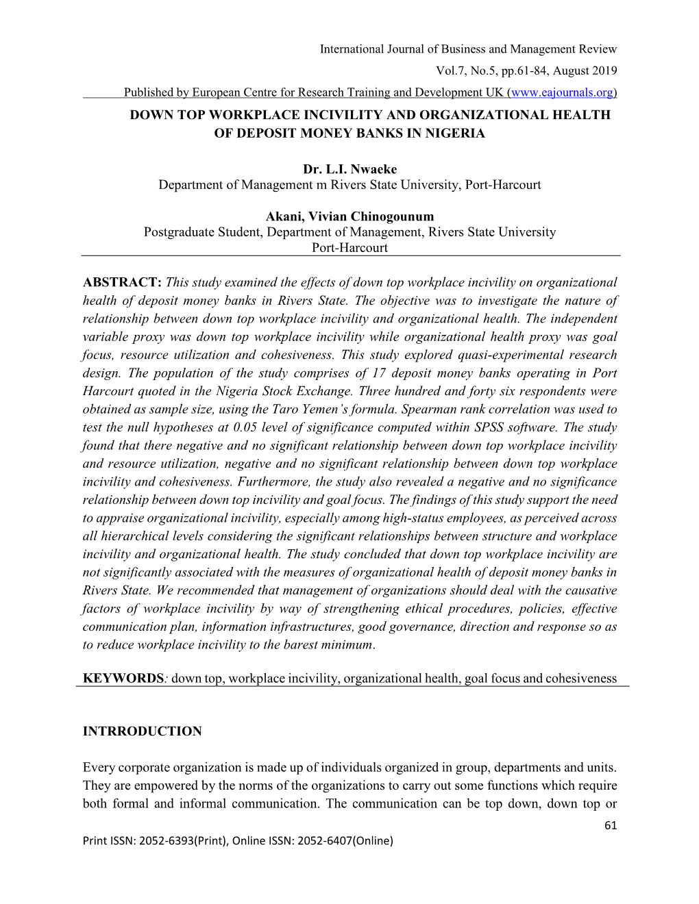 Down Top Workplace Incivility and Organizational Health of Deposit Money Banks in Nigeria