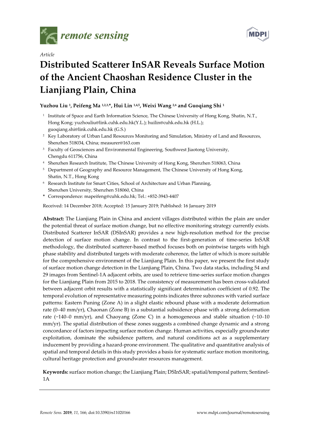 Distributed Scatterer Insar Reveals Surface Motion of the Ancient Chaoshan Residence Cluster in the Lianjiang Plain, China