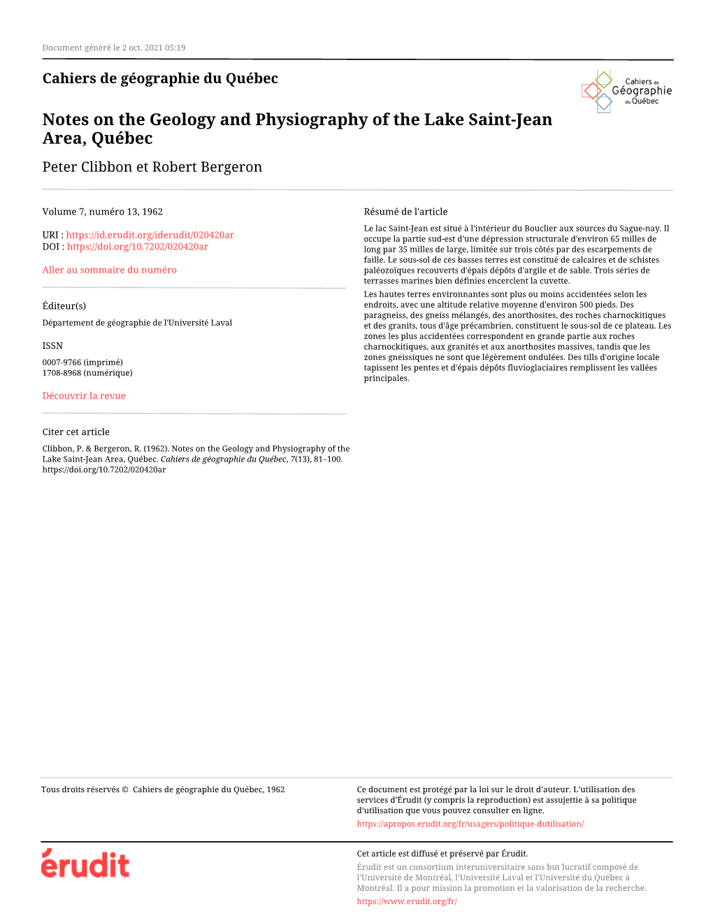 Notes on the Geology and Physiography of the Lake Saint-Jean Area, Québec Peter Clibbon Et Robert Bergeron