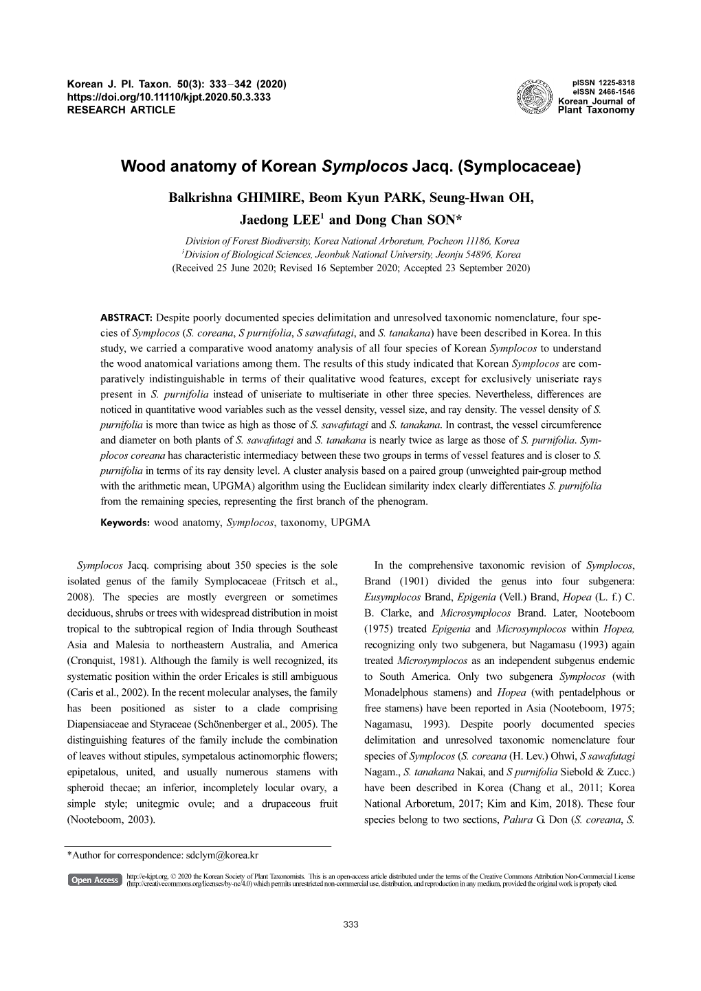 Wood Anatomy of Korean Symplocos Jacq. (Symplocaceae)