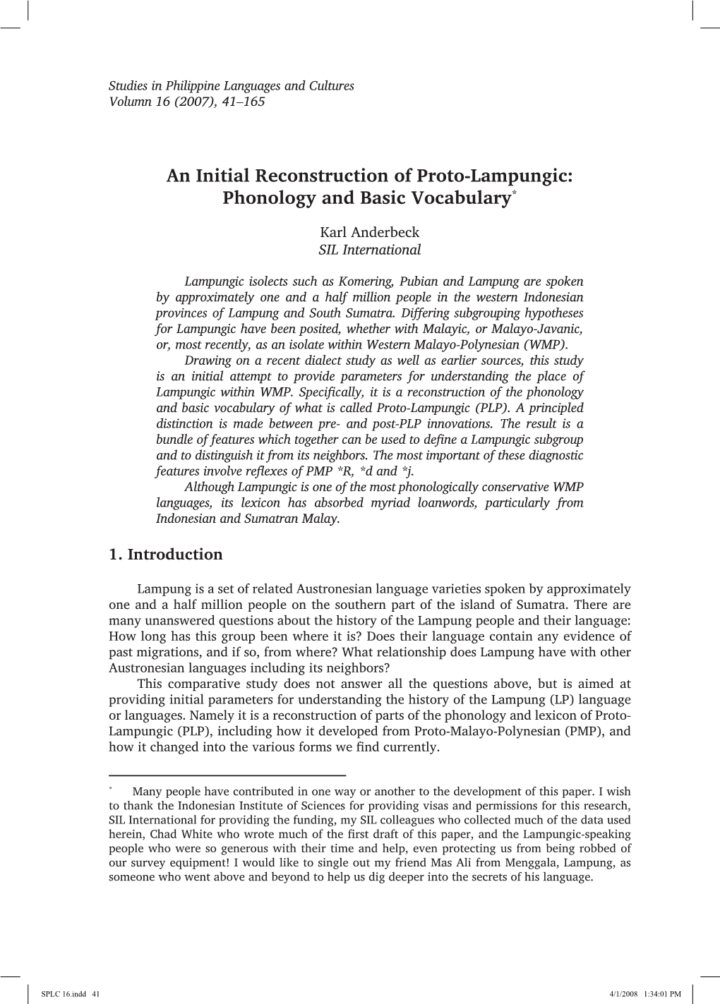 An Initial Reconstruction of Proto-Lampungic: Phonology and Basic Vocabulary*