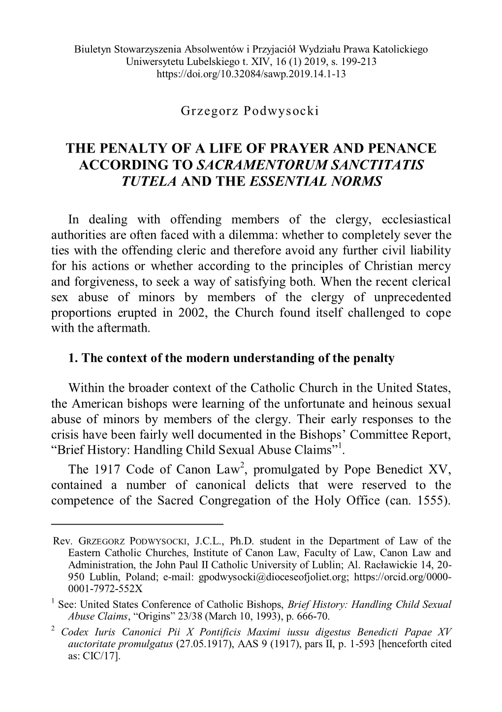 The Penalty of a Life of Prayer and Penance According to Sacramentorum Sanctitatis Tutela and the Essential Norms
