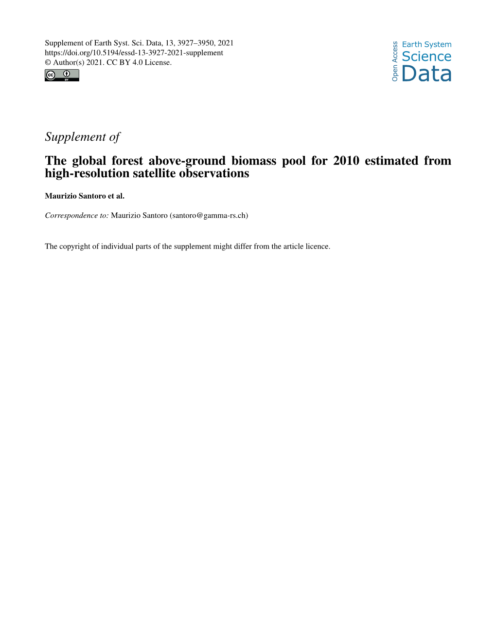 Supplement of the Global Forest Above-Ground Biomass Pool for 2010 Estimated from High-Resolution Satellite Observations