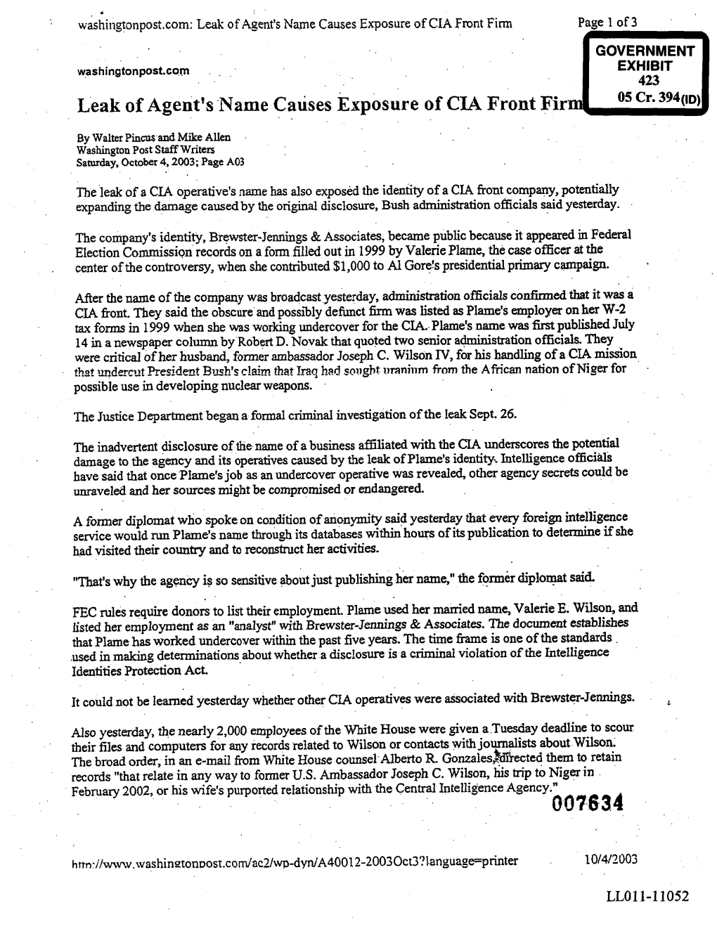 Leak of Agents Name Causes Exposure of Cia Front Firm Page of Government Exkibit Washangtonpostcom 423 Os Cr 394 Leak of Agents Name Causes Exposure of Cia Front Fir