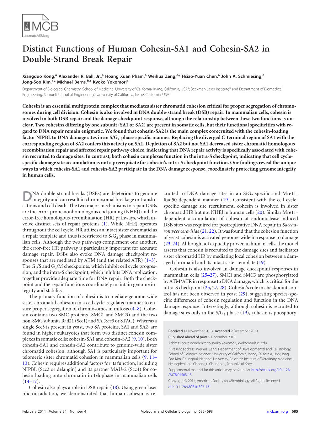 Distinct Functions of Human Cohesin-SA1 and Cohesin-SA2 in Double-Strand Break Repair