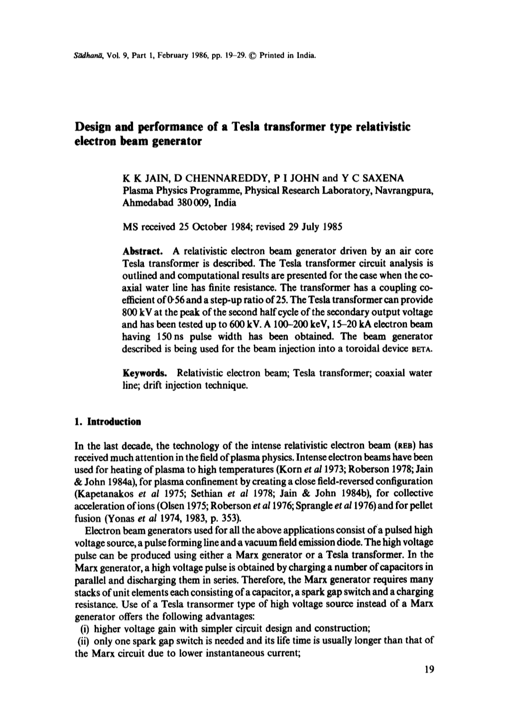 Design and Performance of a Tesla Transformer Type Relativistic Electron Beam Generator