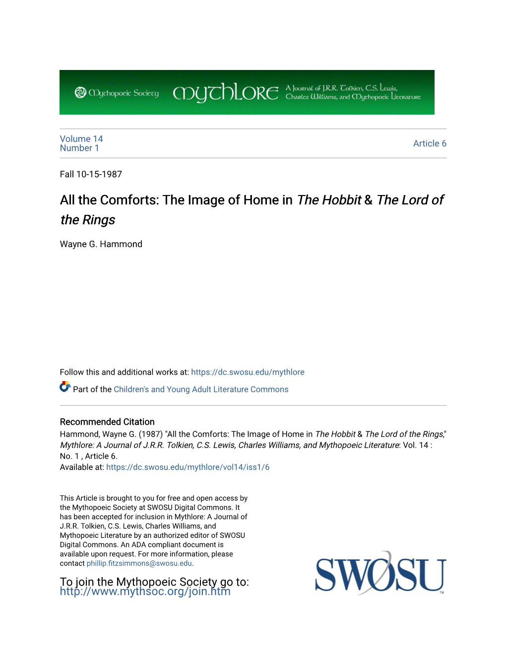 The Comforts: the Image of Home in <I>The Hobbit</I>