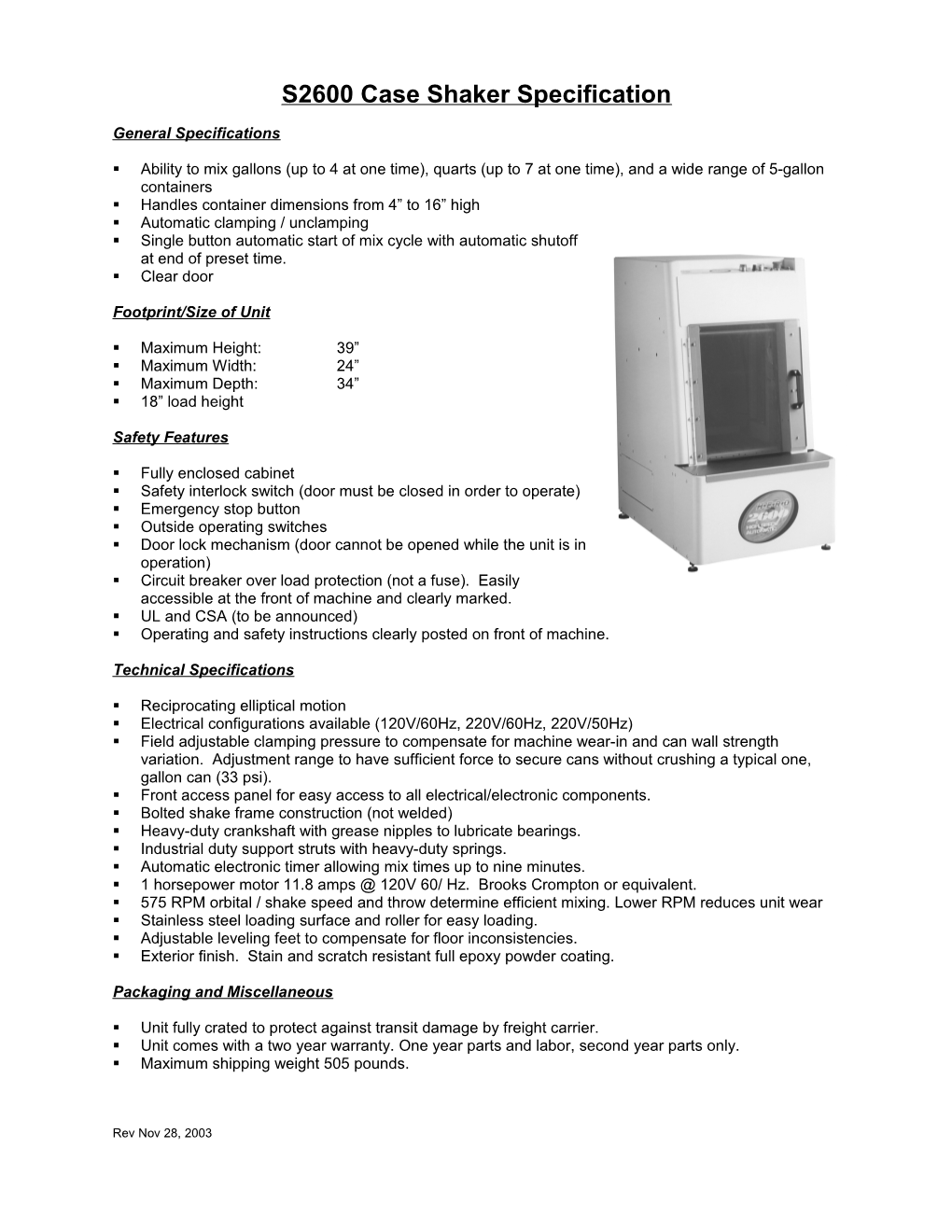 Case Shaker Specification