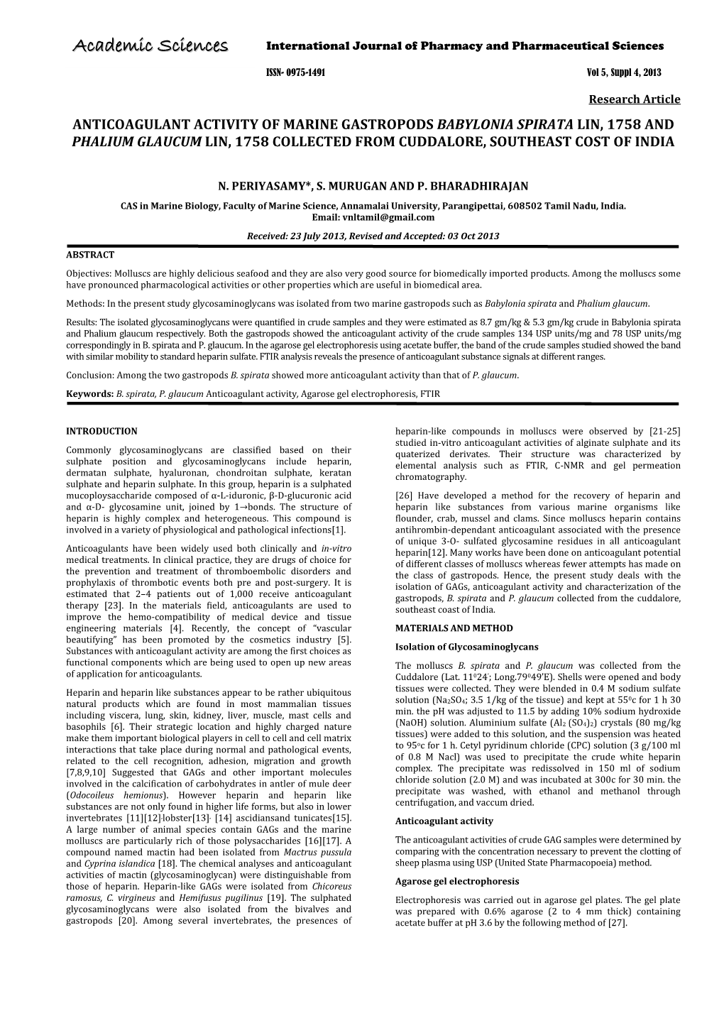 Anticoagulant Activity of Marine Gastropods Babylonia Spirata Lin, 1758 and Phalium Glaucum Lin, 1758 Collected from Cuddalore, Southeast Cost of India