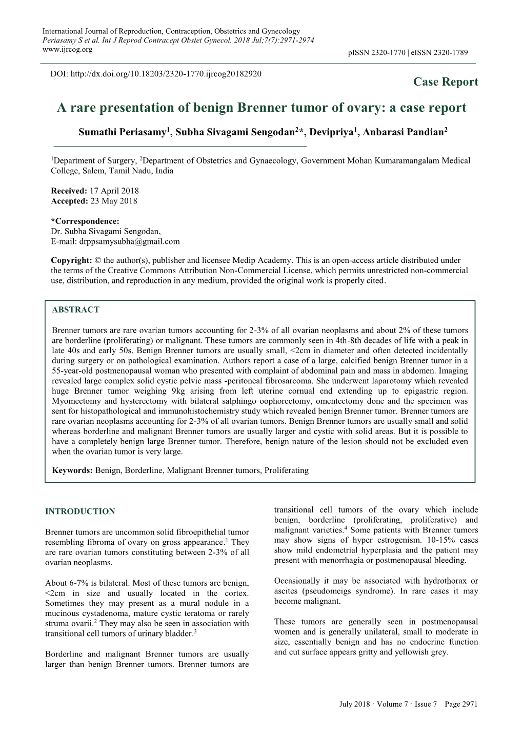 A Rare Presentation of Benign Brenner Tumor of Ovary: a Case Report