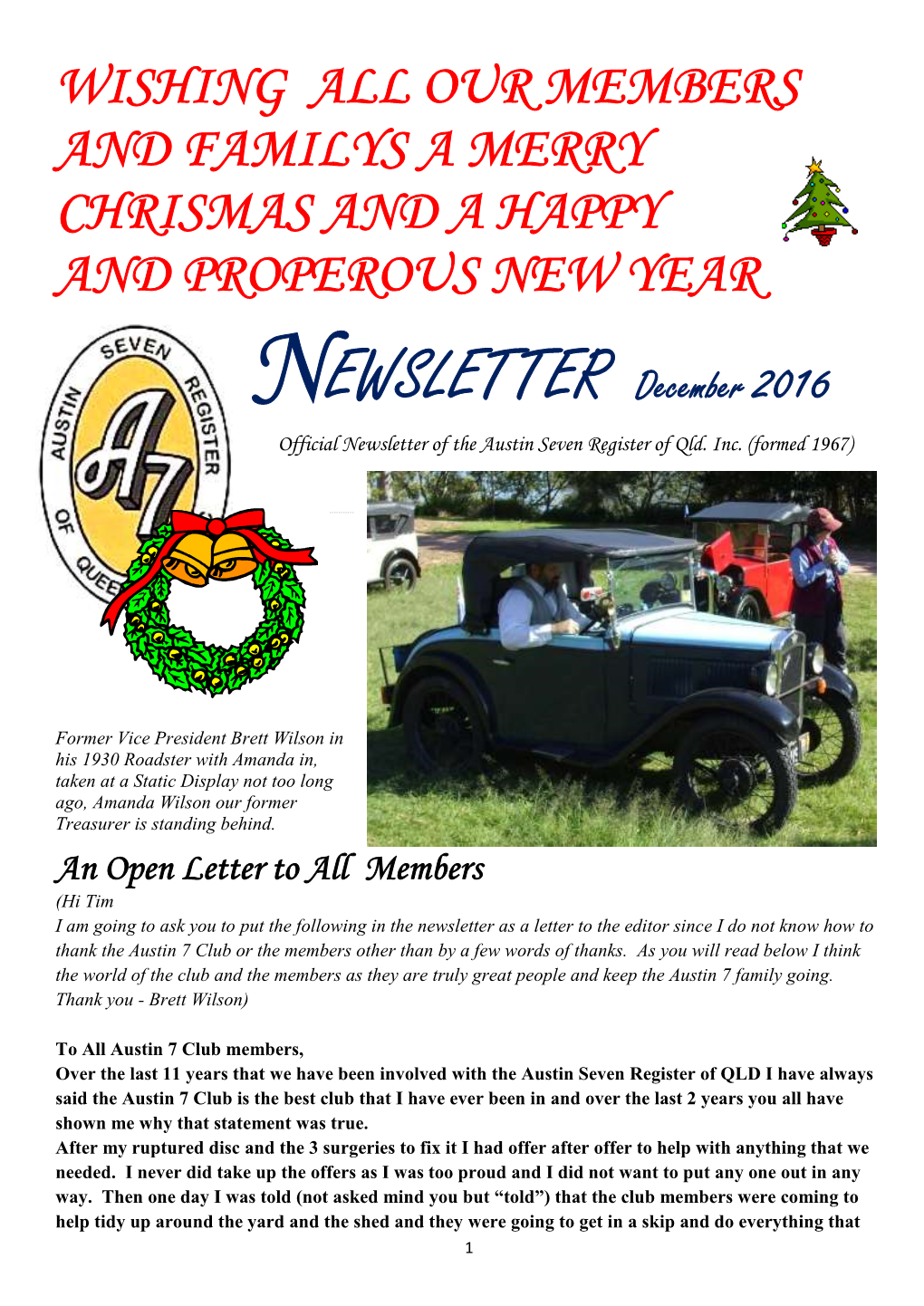 NEWSLETTER December 2016 Official Newsletter of the Austin Seven Register of Qld