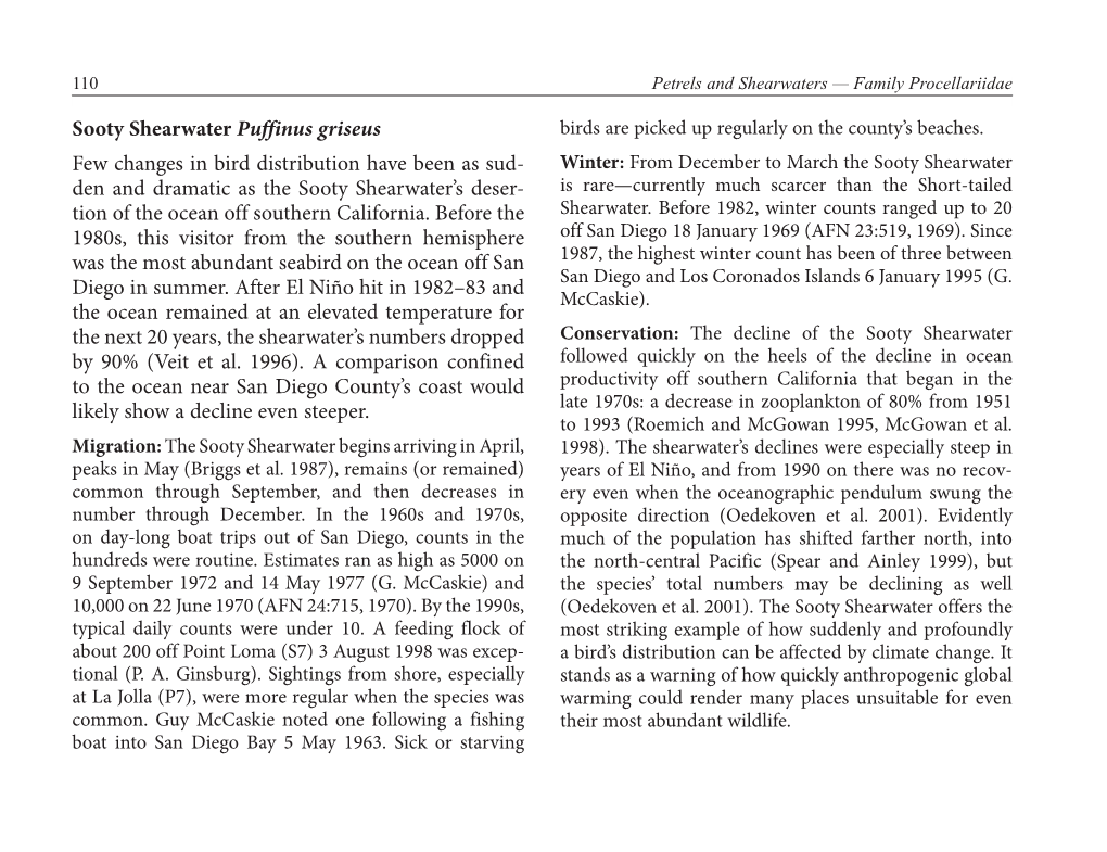 Sooty Shearwater Puffinus Griseus Few Changes in Bird Distribution