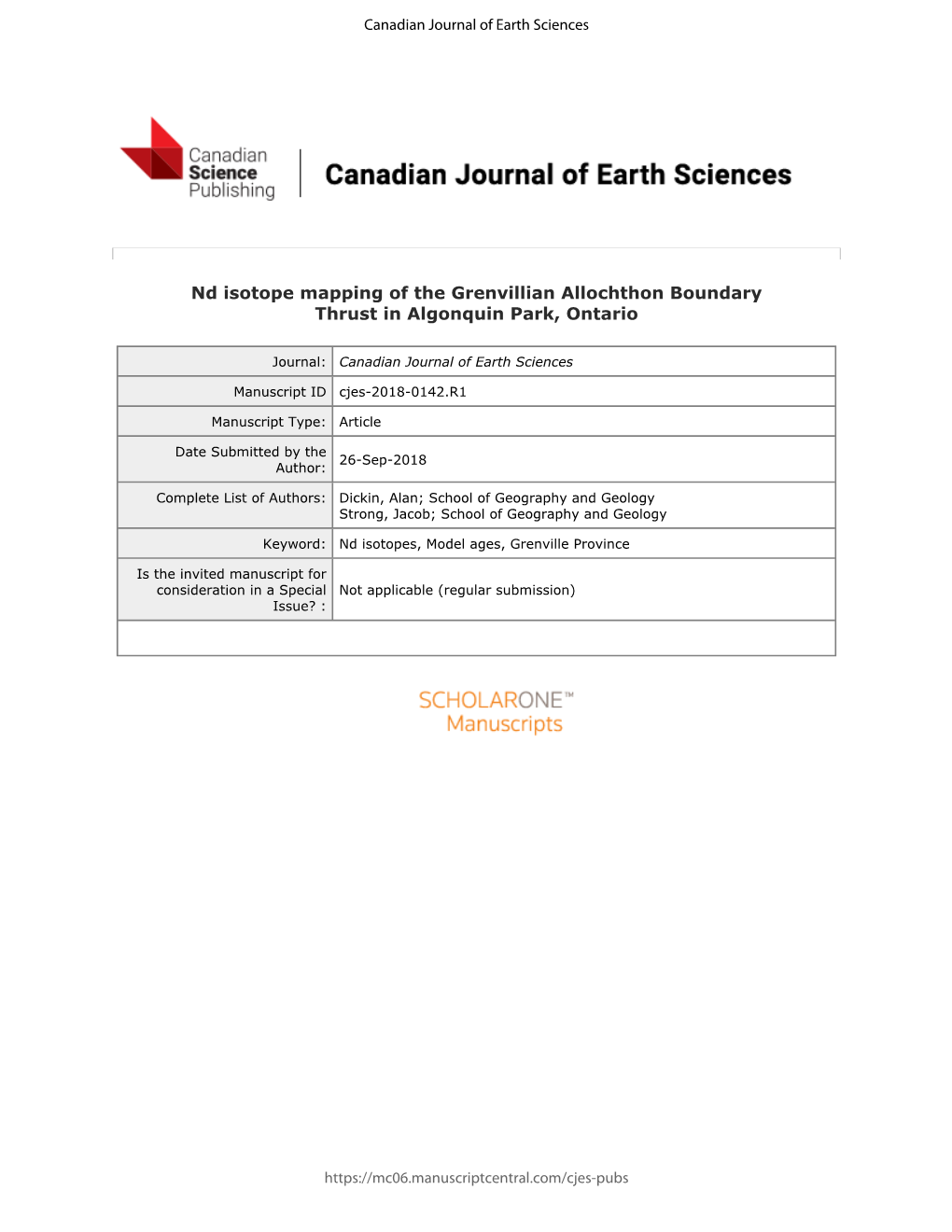 Nd Isotope Mapping of the Grenvillian Allochthon Boundary Thrust in Algonquin Park, Ontario