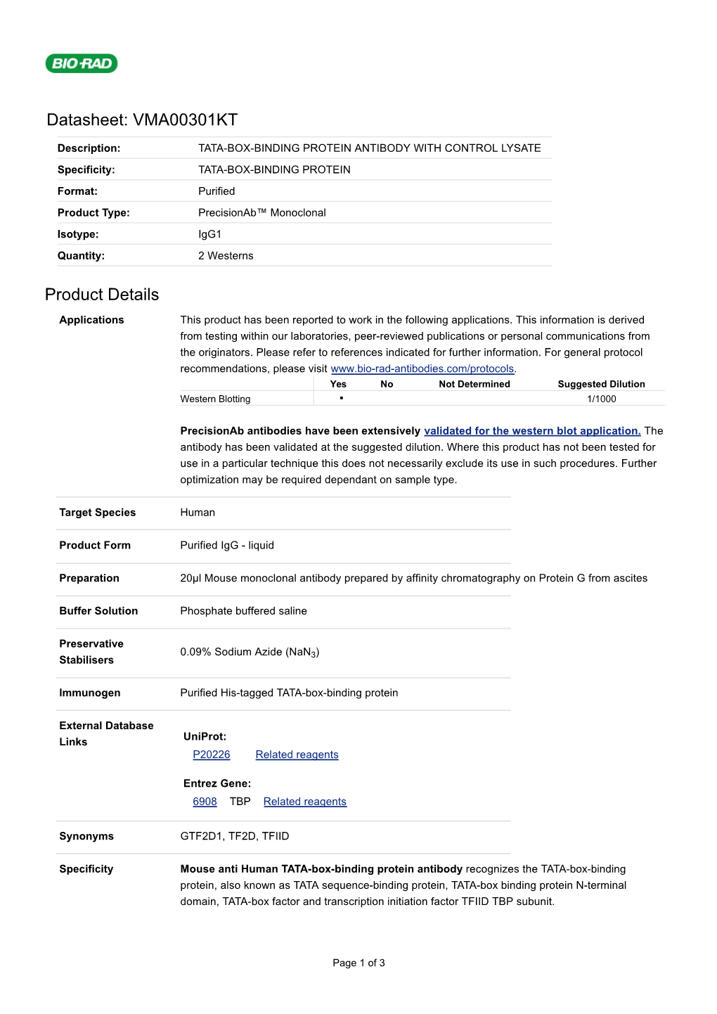 Datasheet: VMA00301KT Product Details