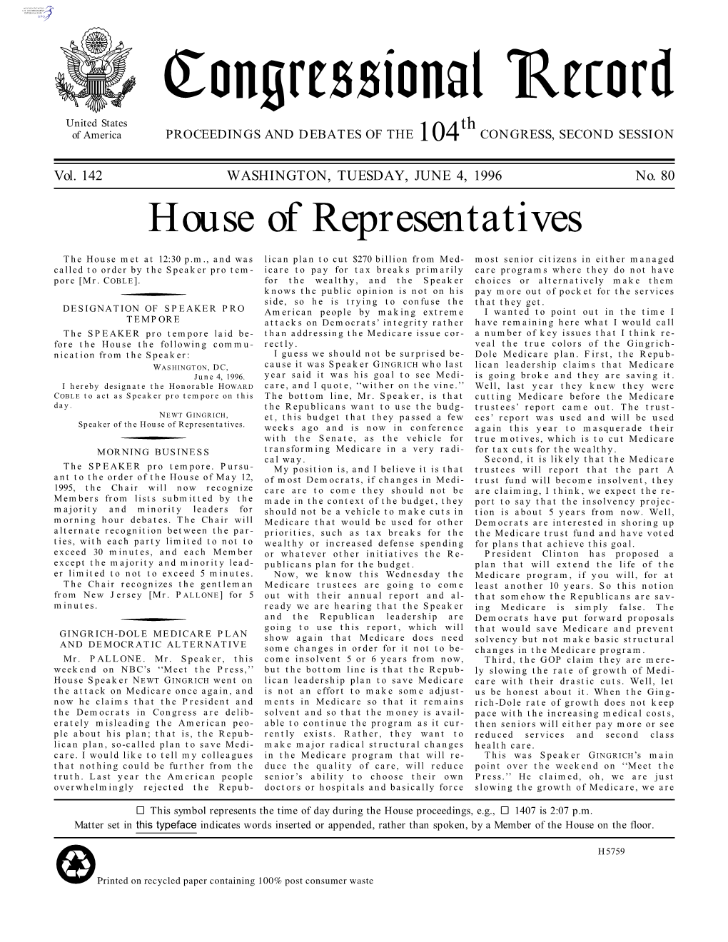 Congressional Record United States Th of America PROCEEDINGS and DEBATES of the 104 CONGRESS, SECOND SESSION