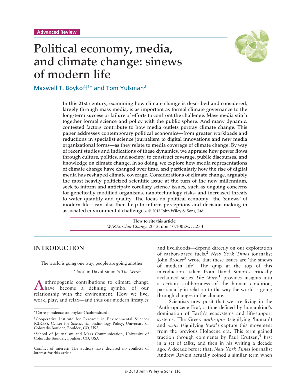 Political Economy, Media, and Climate Change: Sinews of Modern Life Maxwell T