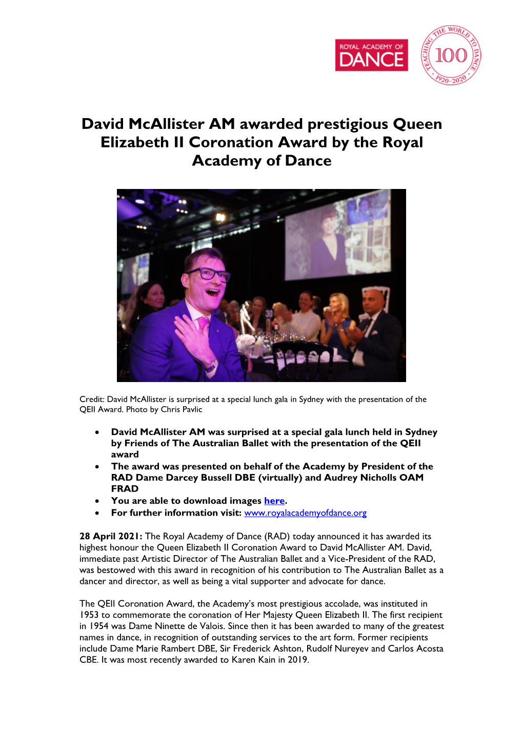 David Mcallister AM Awarded Prestigious Queen Elizabeth II Coronation Award by the Royal Academy of Dance