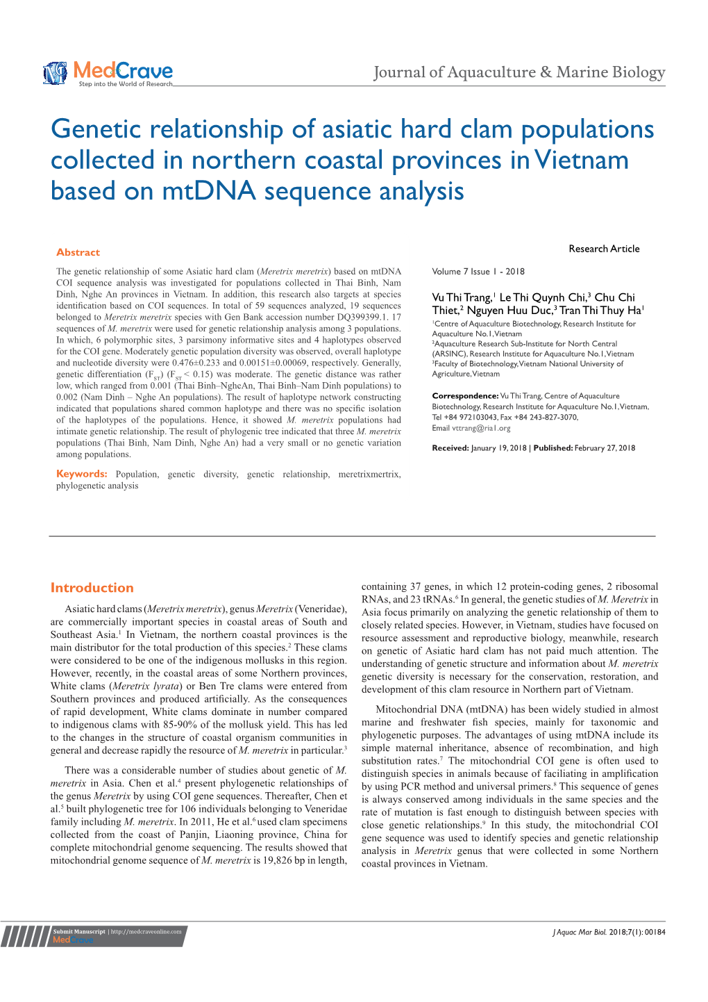 Genetic Relationship of Asiatic Hard Clam Populations Collected in Northern Coastal Provinces in Vietnam Based on Mtdna Sequence Analysis