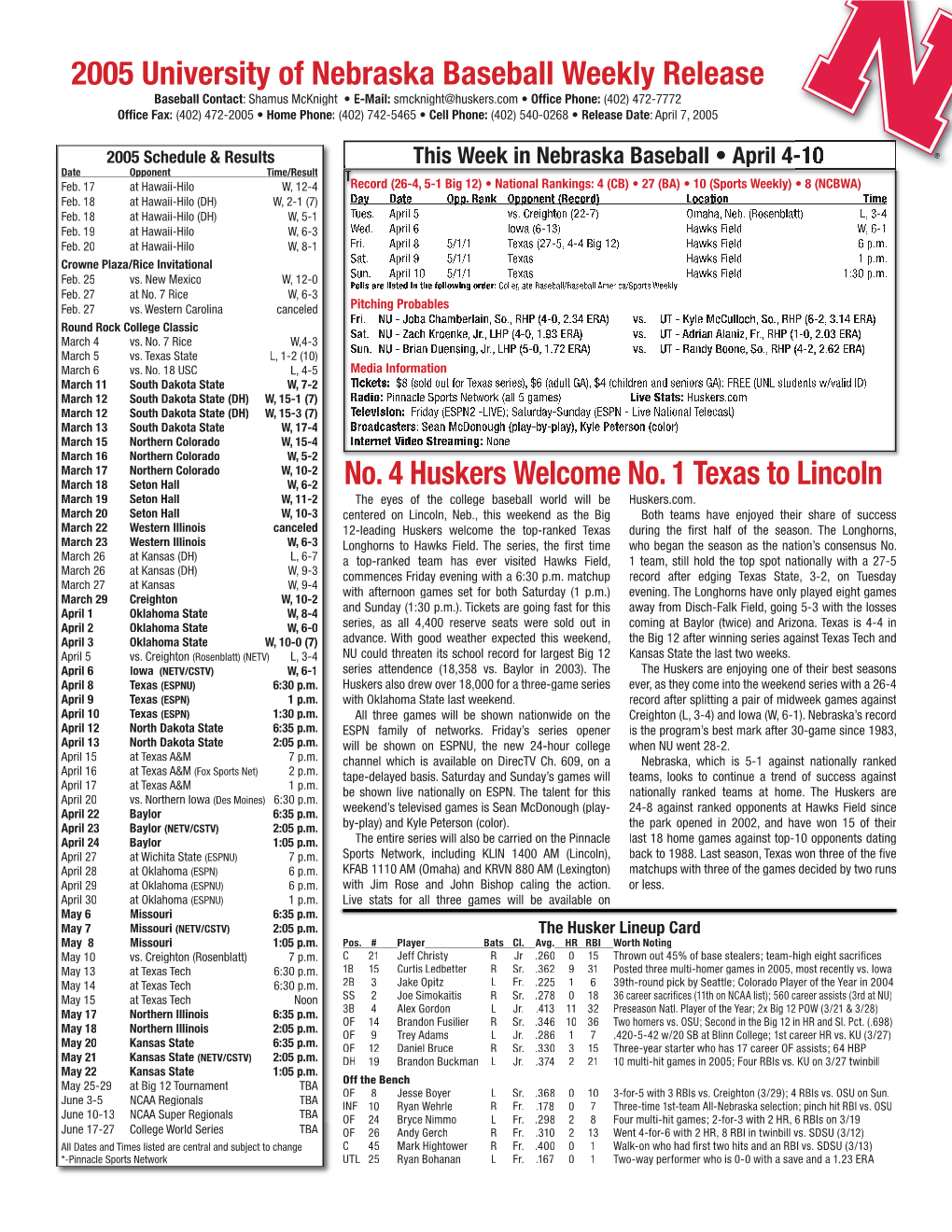 No. 4 Huskers Welcome No. 1 Texas to Lincoln 2005 University Of