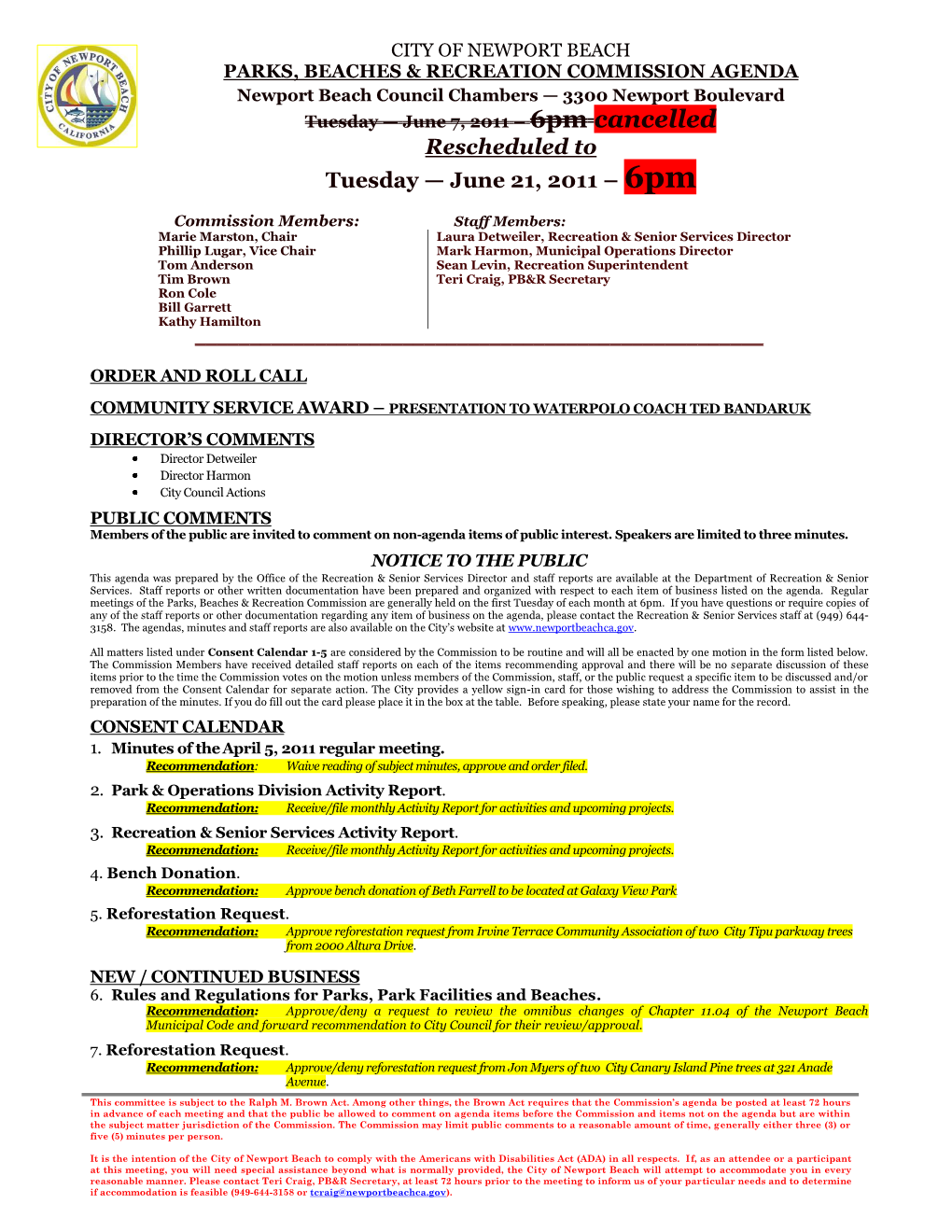 Newport Beach City Council Agenda