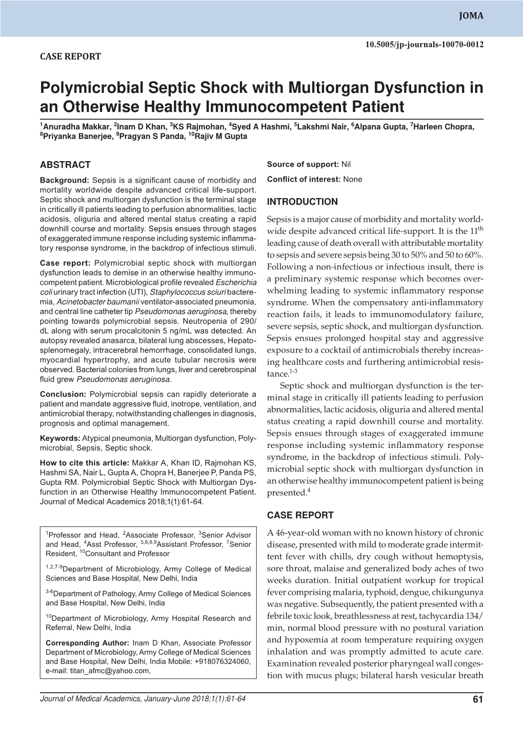 Polymicrobial Septic Shock with Multiorgan Dysfunction in An