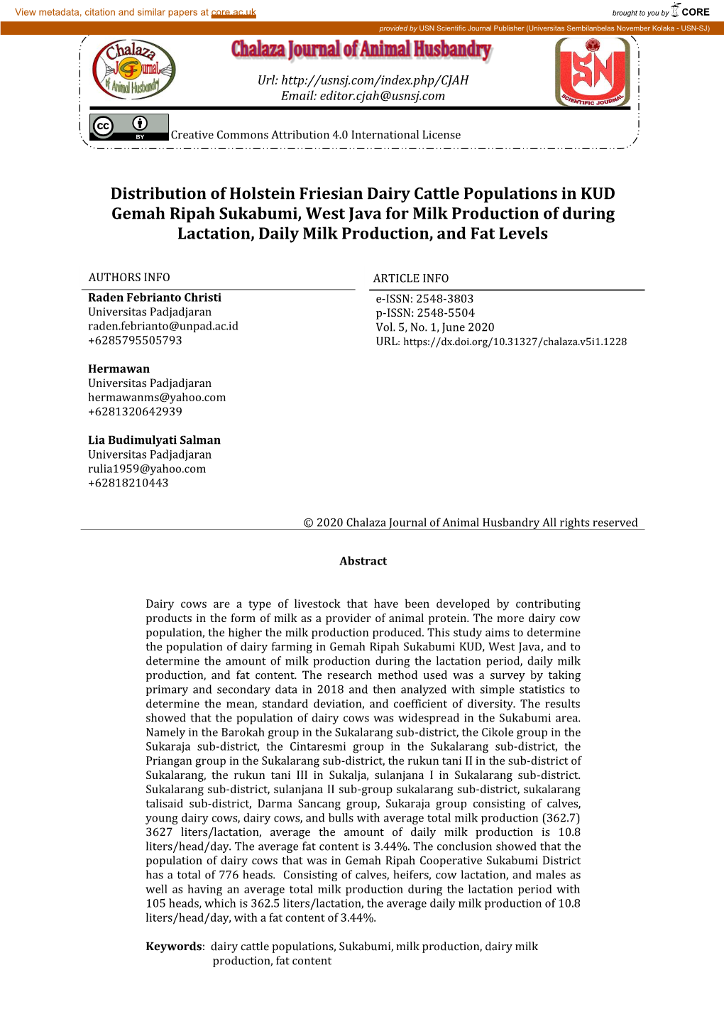 Distribution of Holstein Friesian Dairy Cattle Populations in KUD Gemah