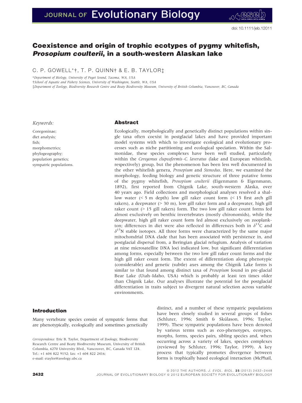 Coexistence and Origin of Trophic Ecotypes of Pygmy Whitefish