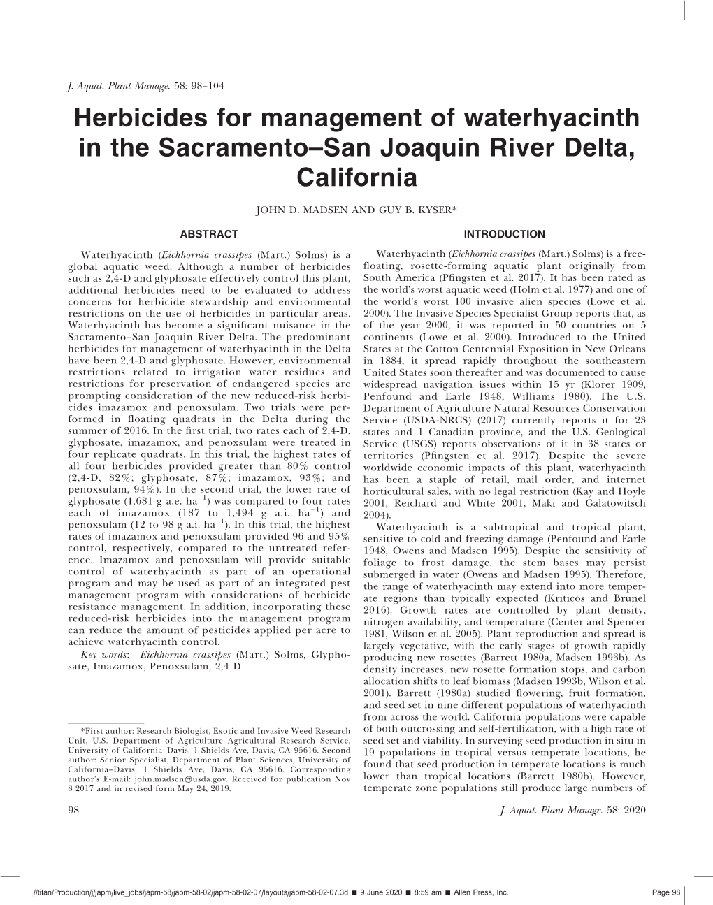 Herbicides for Management of Waterhyacinth in the Sacramento–San Joaquin River Delta, California