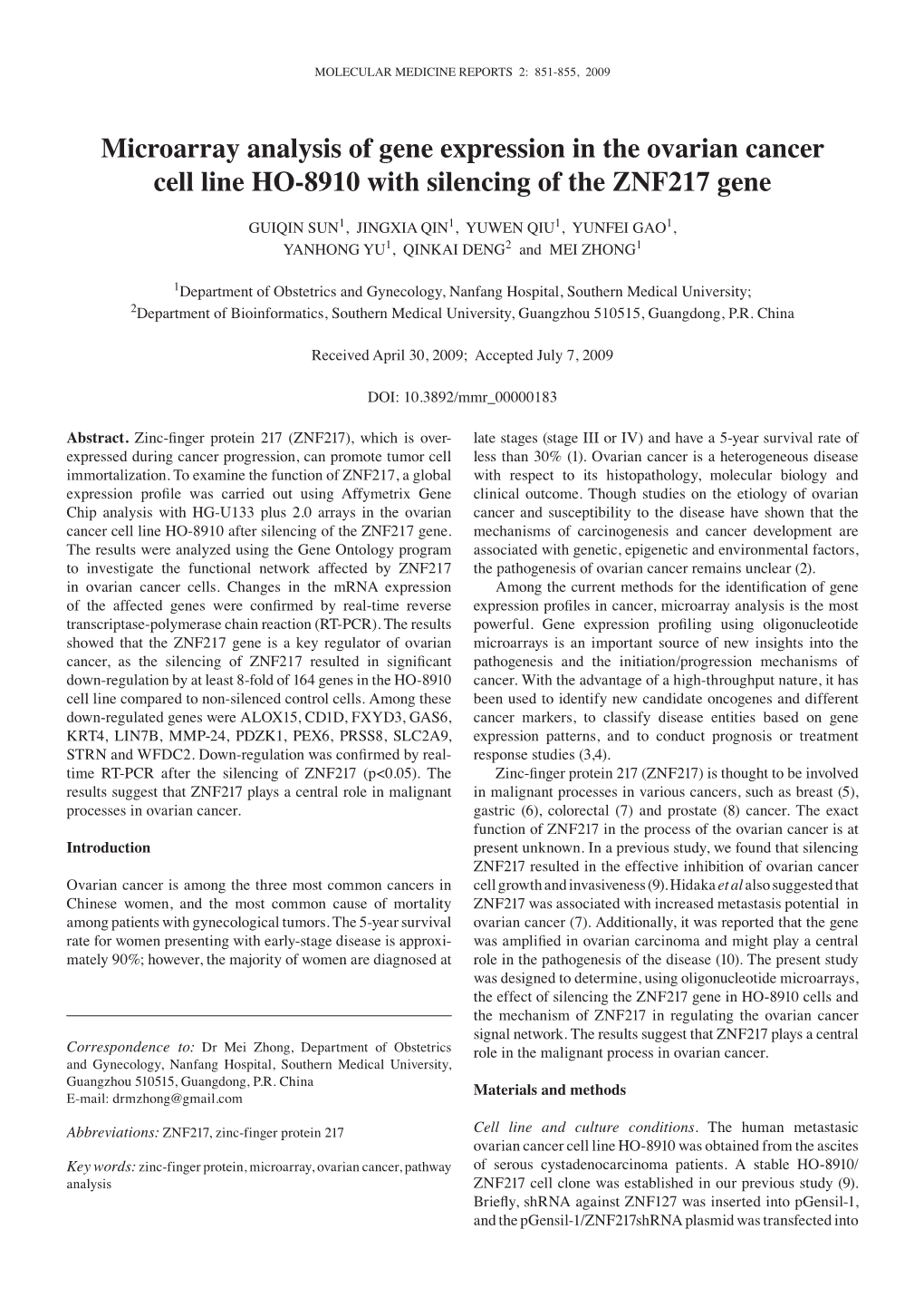 Microarray Analysis of Gene Expression in the Ovarian Cancer Cell Line HO-8910 with Silencing of the ZNF217 Gene